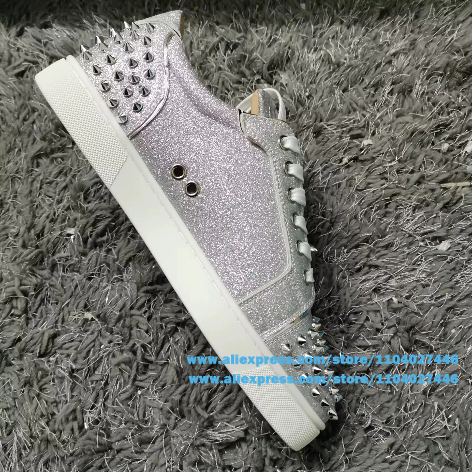 

Glitter Silver Casual Sneakers Rivets Flats Men's Shoes Lace-Up Shoes Wear-Resistant Trendy Luxury Handmade Shoes Men's Shoes