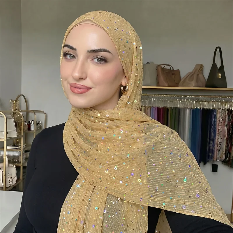 Lightweight Champagne Gold Polyester Sequin Muslim Hijab Sparkly Shimmer Crinkle Headscarf Ladies Wrap Scarf For Bridal Evening