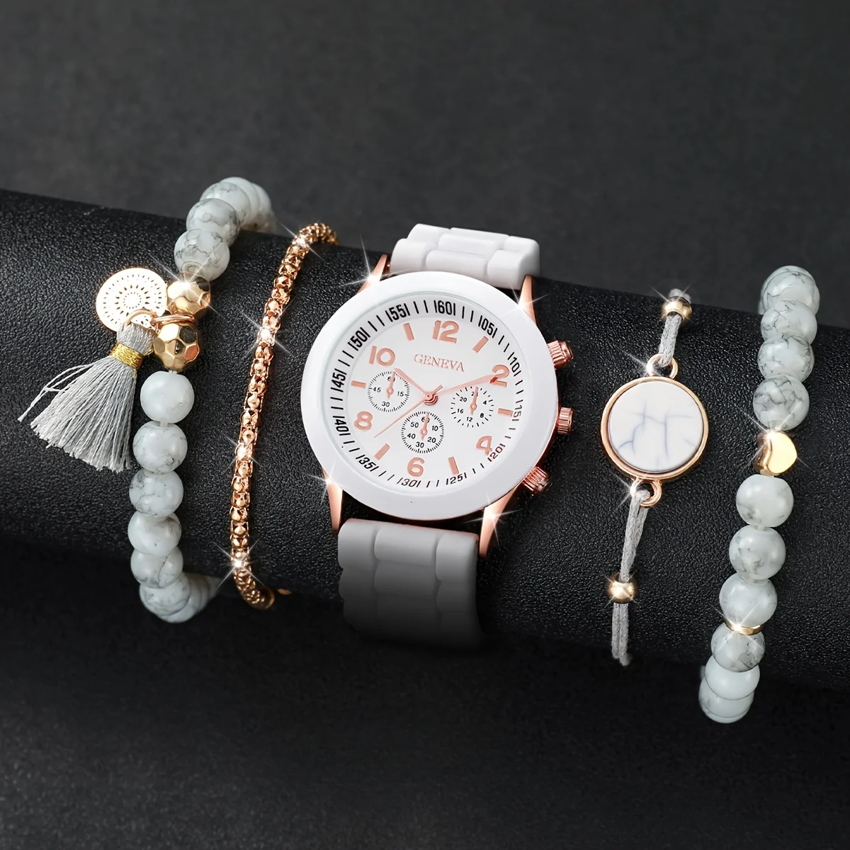 

5pcs/set Women's Casual Fashion Quartz Watch Analog Silicone Band Wrist Watch & Marble Vein Bracelets, Gift For Mom Her