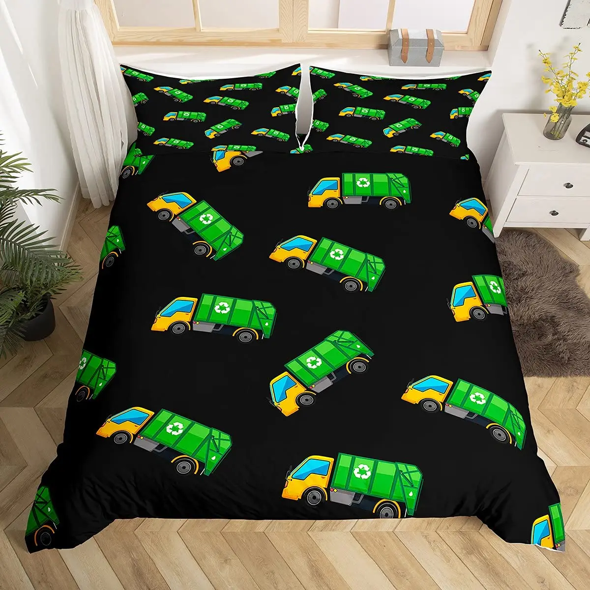 

Truck Toy Comforter Cover, Green Powered Truck Duvet Cover Set with Pillowcase,Cartoon Bedding Decor Birthday Present, Full Size