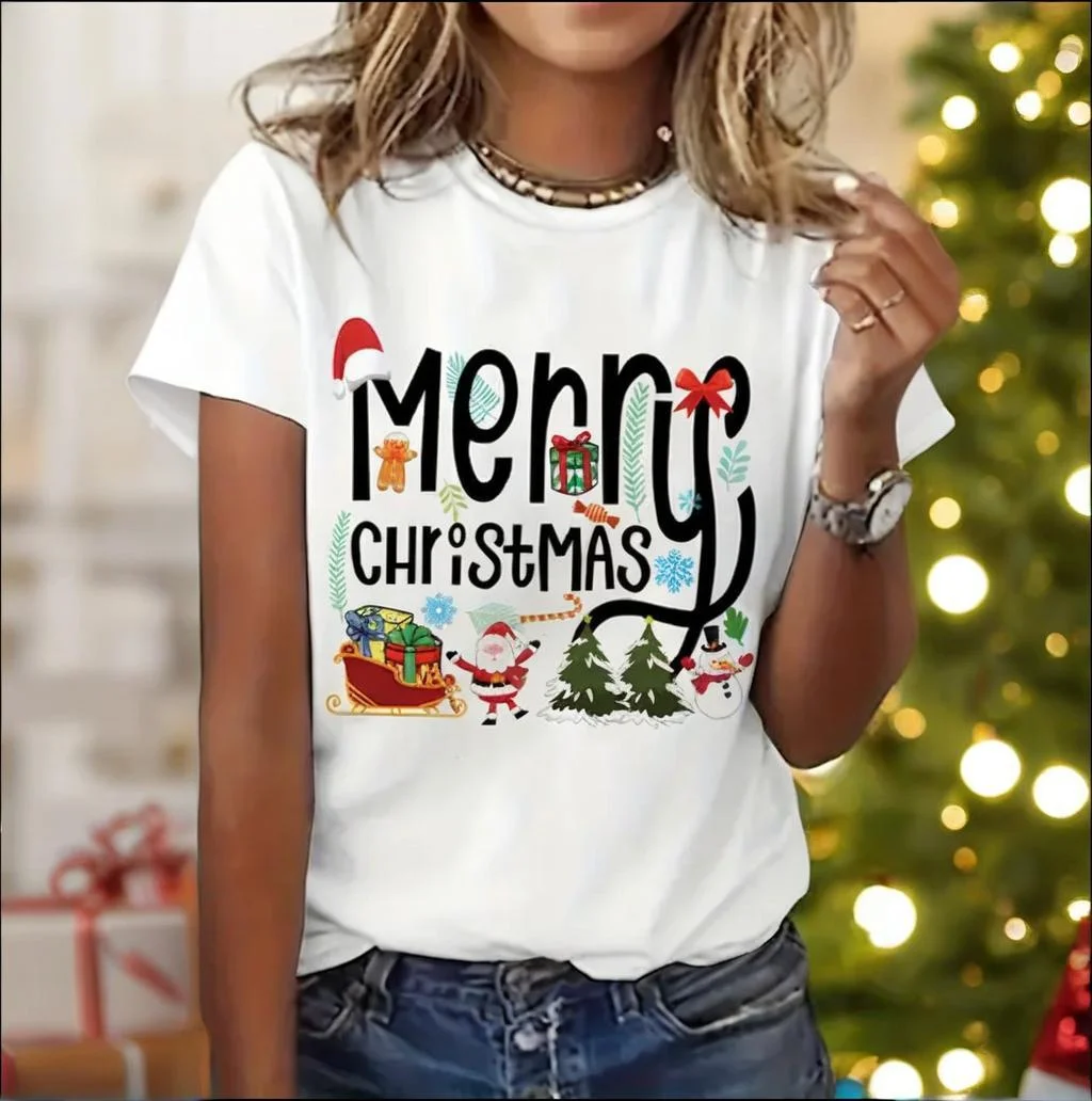 

Funny Christmas Letter Printed Women's T-Shirt Casual O-neck Short Sleeve Comfortable Loose Tops Fashion New Year X'mas Clothing