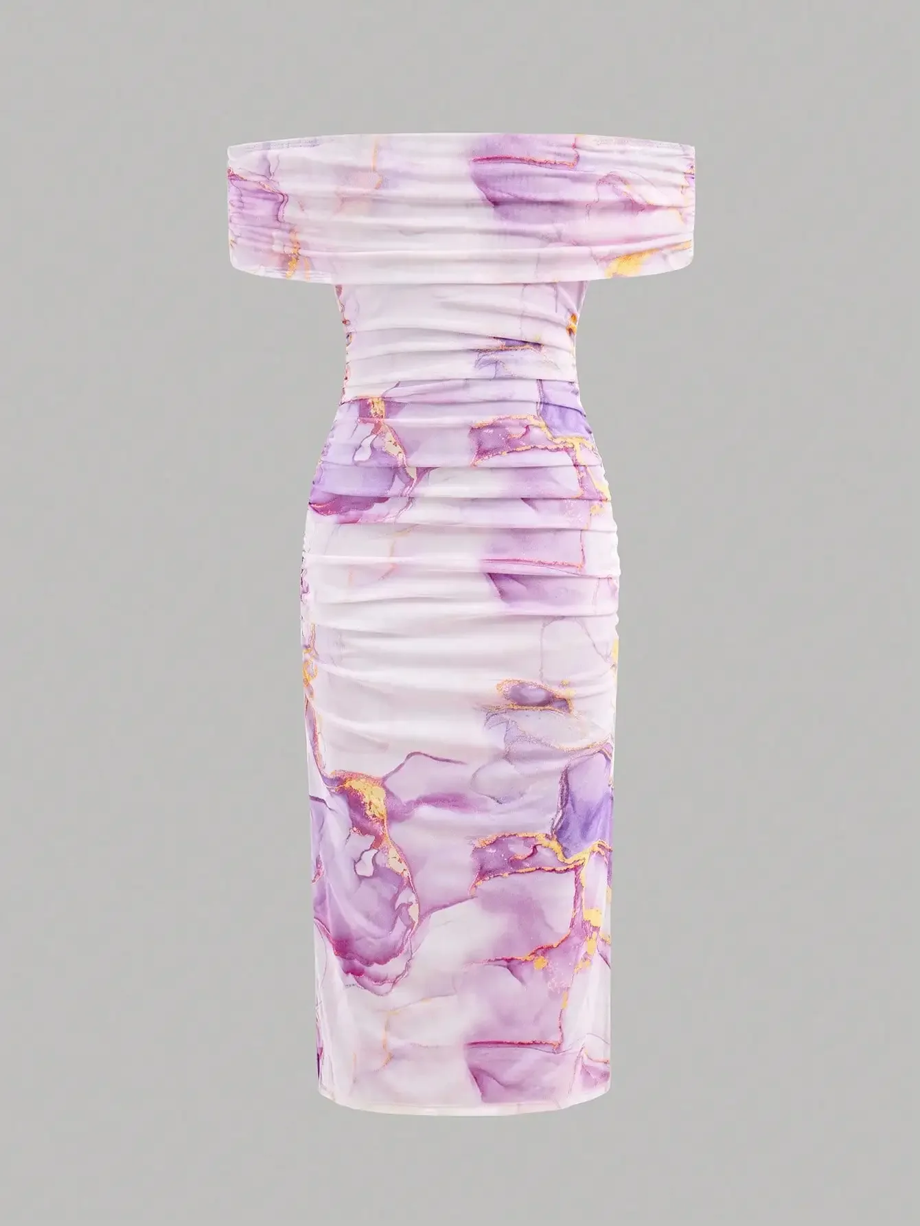 

Off Shoulder Ruched Fitted Midi Dress With Marble Floral Print