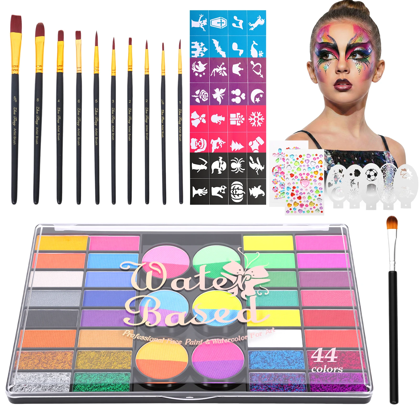 44Colors Face and Body Paint Set with Brush Set Children's Party Water-Based Face Painting Set Halloween Body Makeup Palette