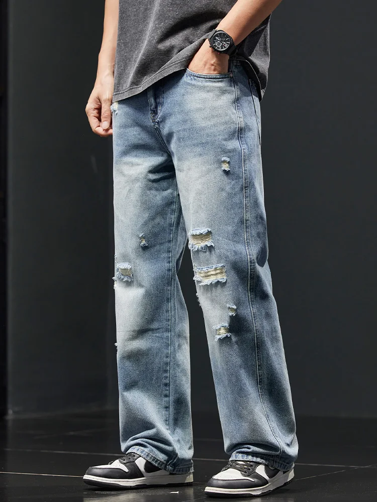 

Американские винтажные светло-голубые мужские джинсы, повседневные свободные прямые широкие брюки, весна-осень, Новое поступление, дырокол
