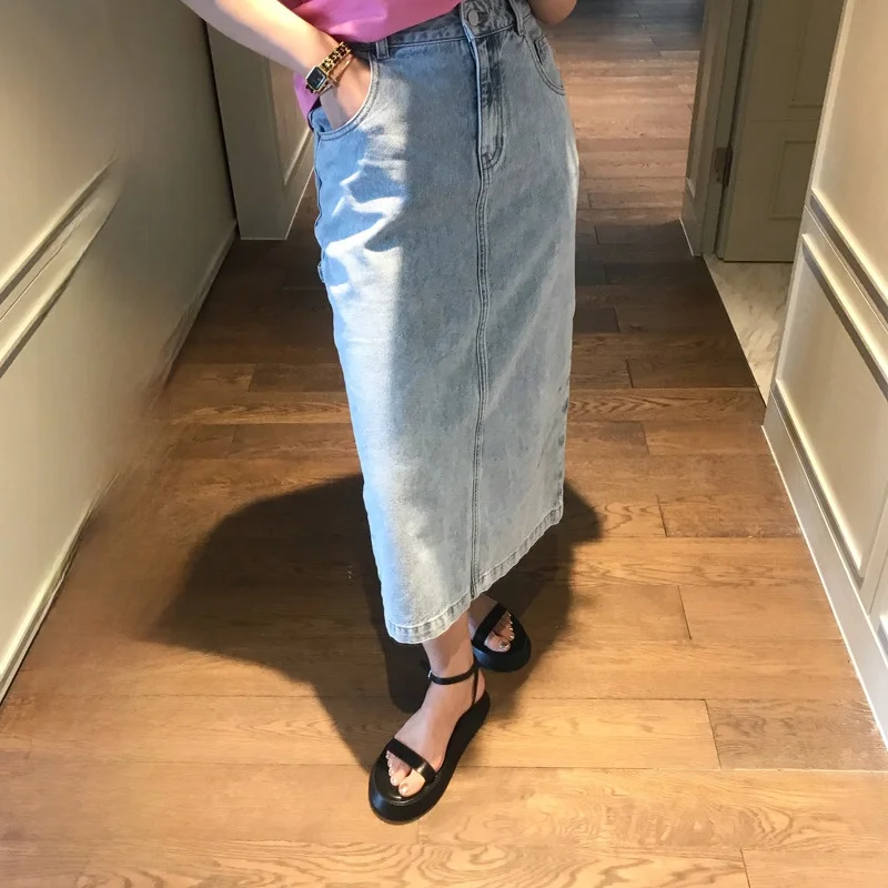 

Весенне-летняя джинсовая юбка миди с высокой талией, прямым кроем, разрезом, утягивающая, в корейском стиле, однотонная, для женщин