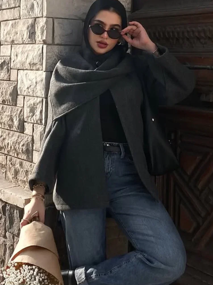 

Grey Scarf Collar Full Sleeves Woman Short Jacket Elegant Solid Color Casual Loose Coat New Fall Winter Commuter Outerwear 2025