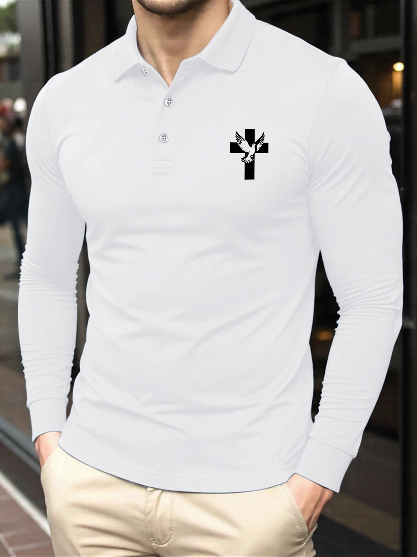 

Corss And Pigeon Printing Tee Tops Men Long Sleeved Fashion Sportswears Casual Comfy Polo Shirts Business Solid Clothing
