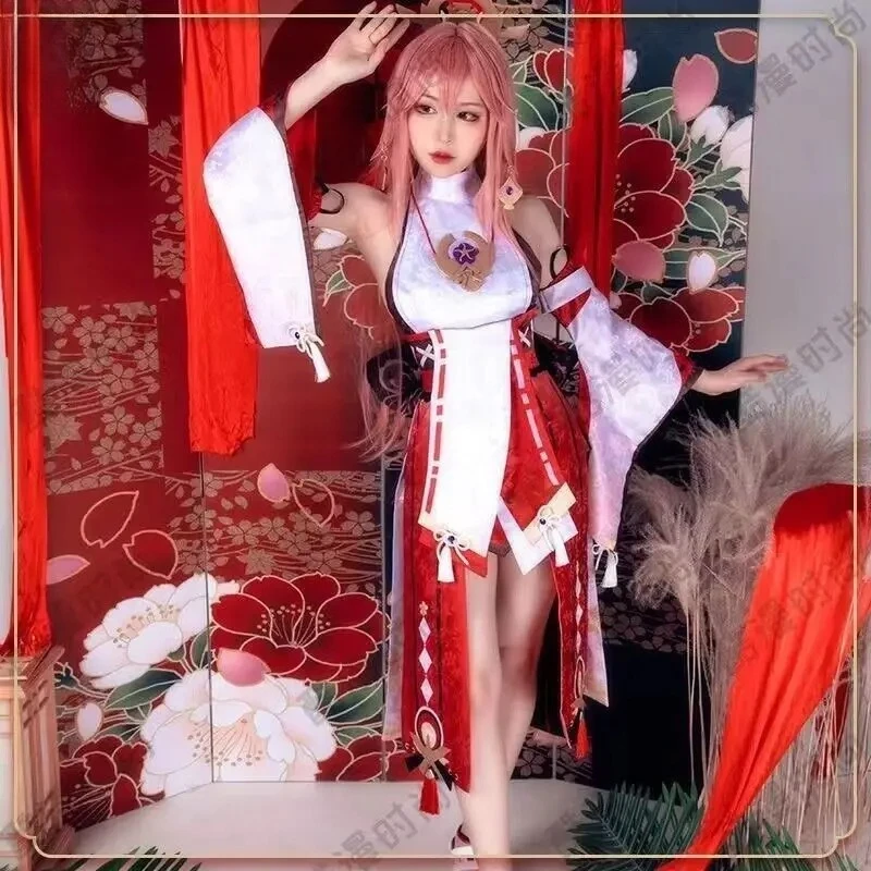 Genshin Impact Yae Miko Cosplay-Kostüm, komplettes Set – rosa Kimono mit Fuchsohr-Perücke für Halloween und Konvention