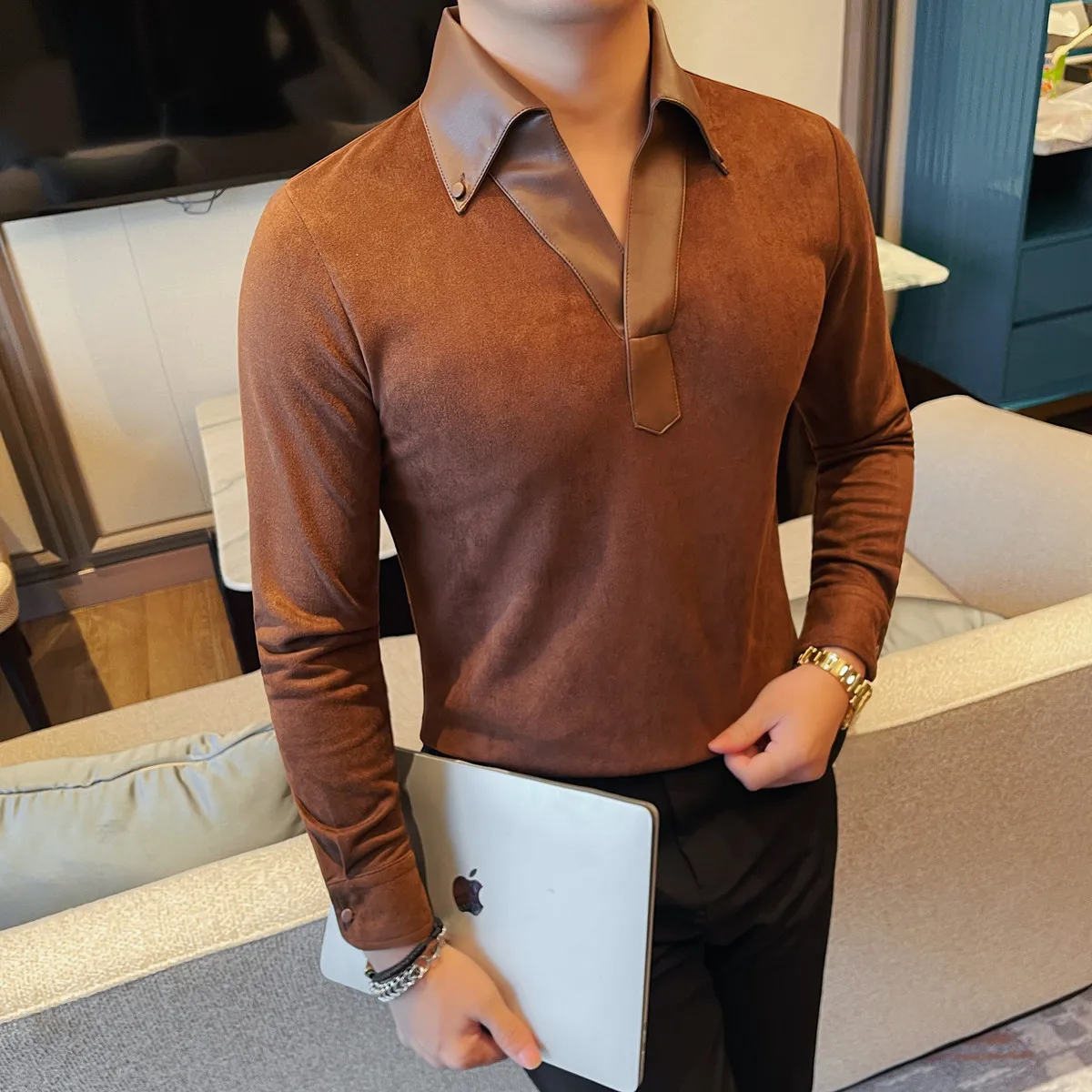 

Men's T-Shirt Korean Fashion PU Leather Turn Down Collar Long Sleeve Mens Casual T Shirts Slim Fit Elastic Tee Shirt Homme 4XL-M