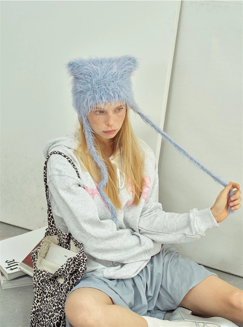 

Dot Tie Cat Ear Plush Dopamine Color Hat Women's Crewel Crochet Fluffy Woolen Knitted Hats Cute Shape Soft Ear Protection Cap