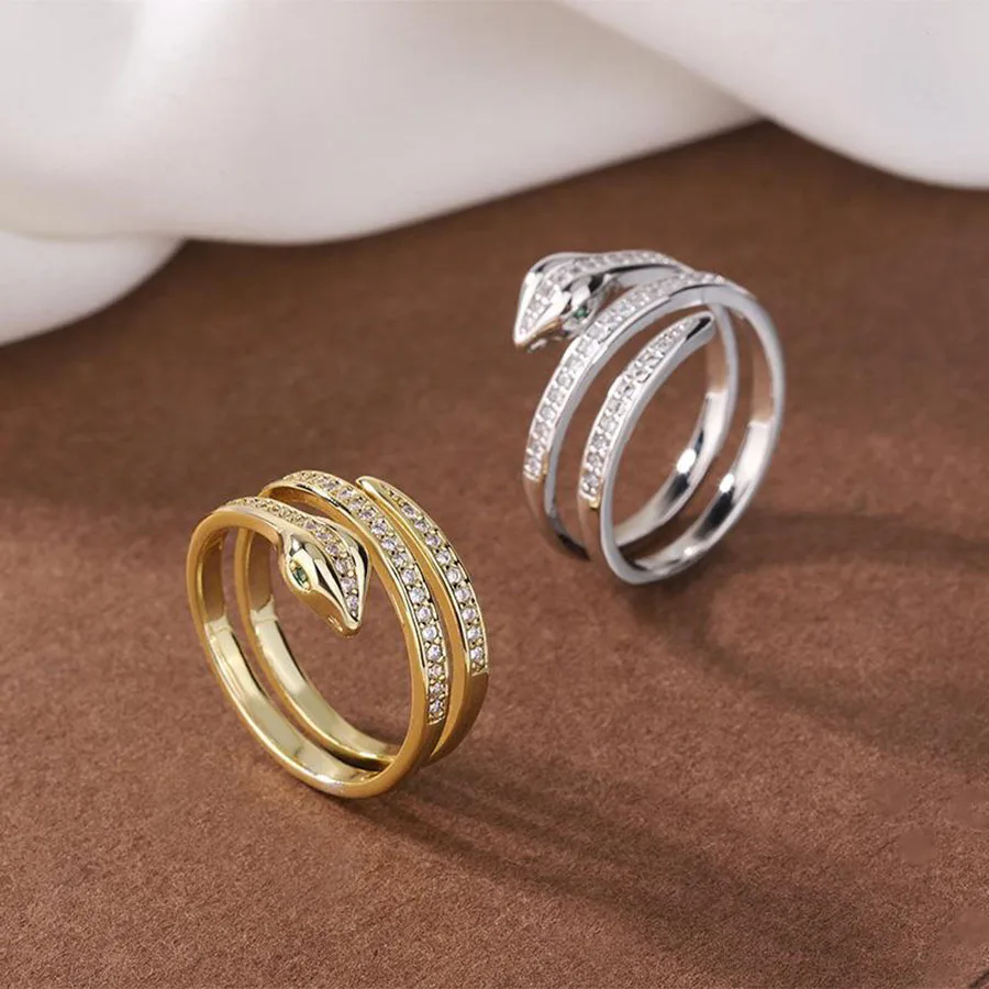 Simple Golden Silver Color Snake Rings for Women Girls Inlaid Rhinestone Popular Accessories Jewelry Gifts