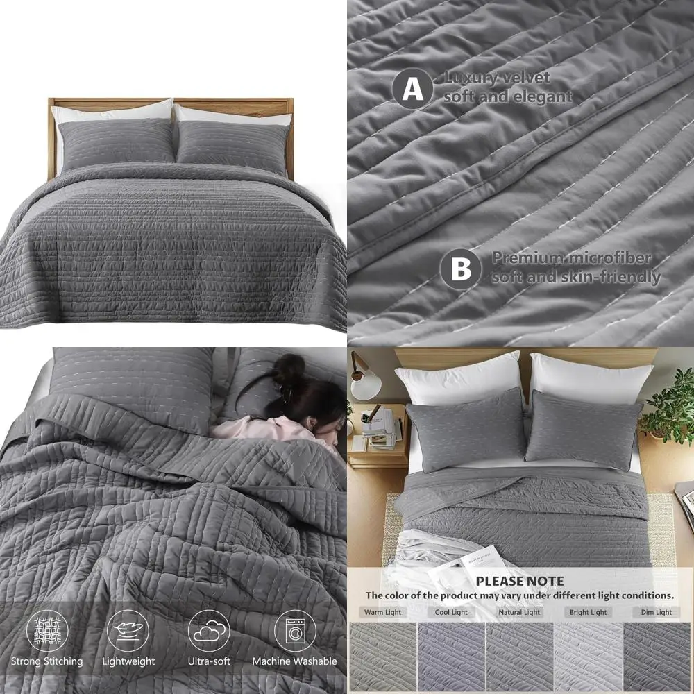 طقم لحاف مقاس XL مخملي رمادي فاخر، مفروشات فائقة النعومة مكونة من 3 قطع، غطاء خفيف الوزن، للاستخدام في جميع المواسم، مخيط أنيق، 2 شمس، أماه