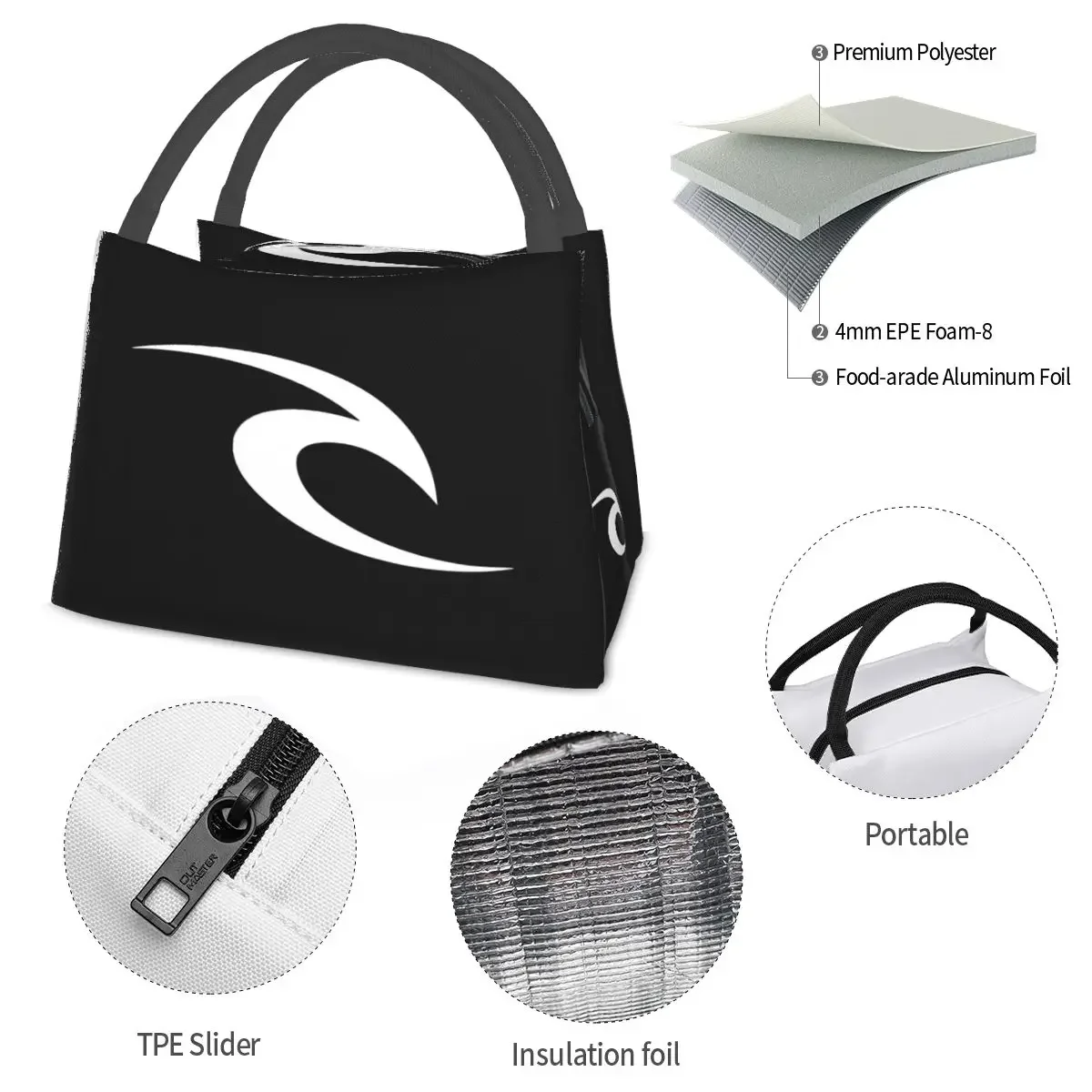 Rip Curl Logo Lunch Bags Insulated Bento Box Portable Lunch Tote Picnic Bags Cooler Thermal Bag for Woman Girl Work