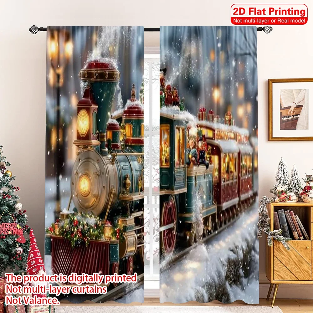 

2pcs 2D flat printing Merry Christmas Curtains Christmas Train Durable 100% Polyester Fabric Without Electricity Festive Holiday