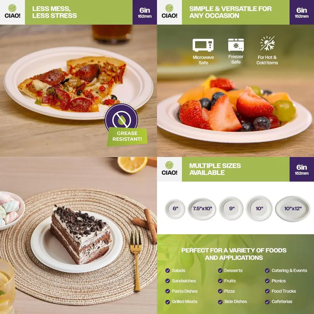 

6 прочных компостируемых тарелок из неотбеленной багассы, натурального белого цвета, упаковка 1000 штук