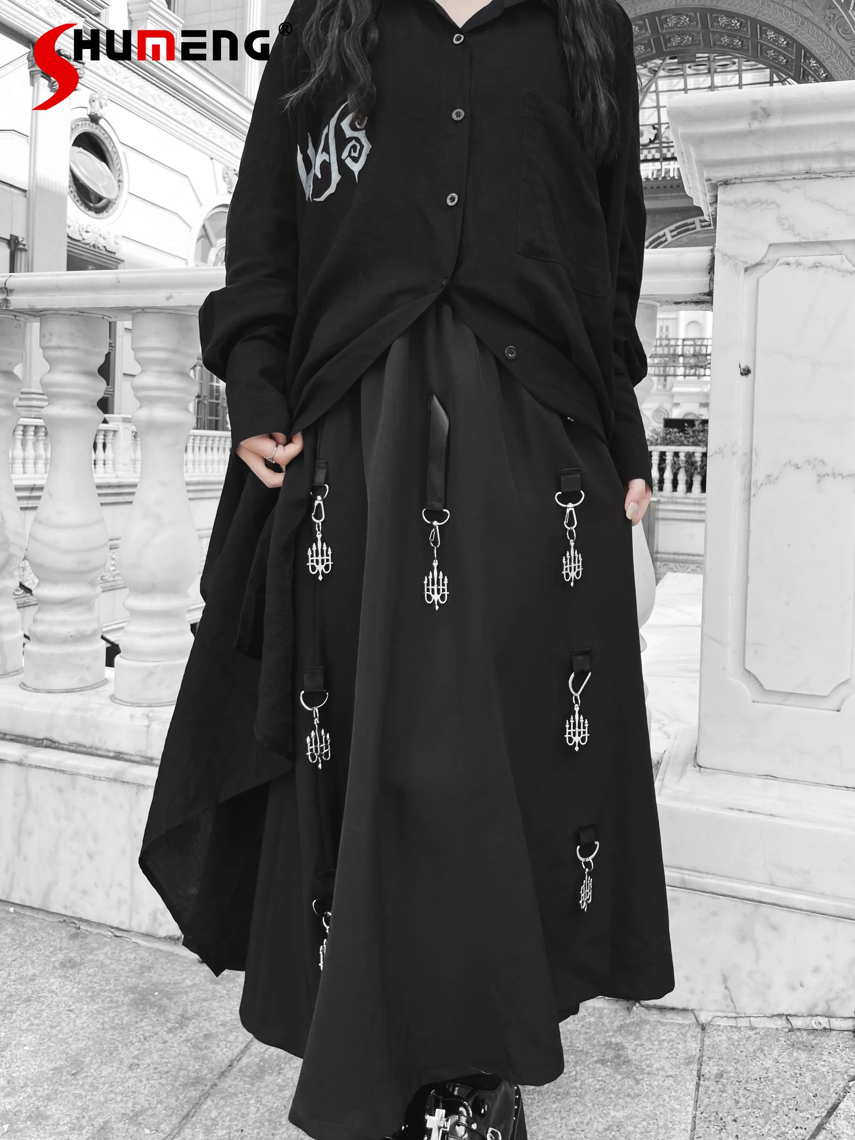 Women Autumn Gothic Dark Subculture Metal Pendant Long Skirt Hot Girl Punk Loose High Waist and Slim Elegant Black A-Line Skirt