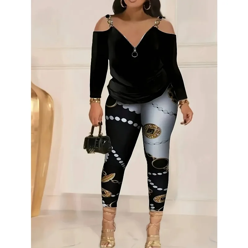 

Новая женская повседневная футболка на молнии с открытыми плечами больших размеров и узкие брюки с принтом, женская футболка с длинными рукавами и брюки, наряд