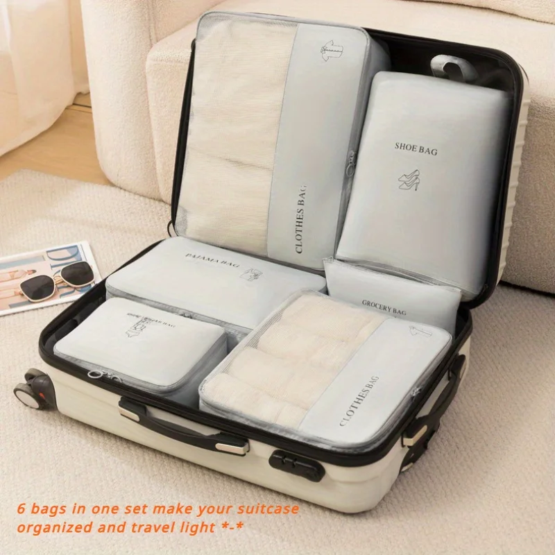 

6pcs/set Travel Organizer Set, Polyester Fabric Suitcase Packing Cubes, Lightweight Clothing Protection Bags, Efficient Luggage