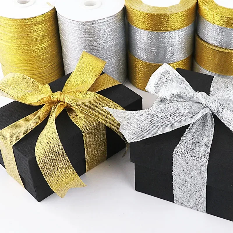 22meters/roll 6/10/15/20/25/40/50mm Gold silver Glitter Ribbon Wedding Cake Gift Decoration Craft Supplies Organza DIY Ribbon