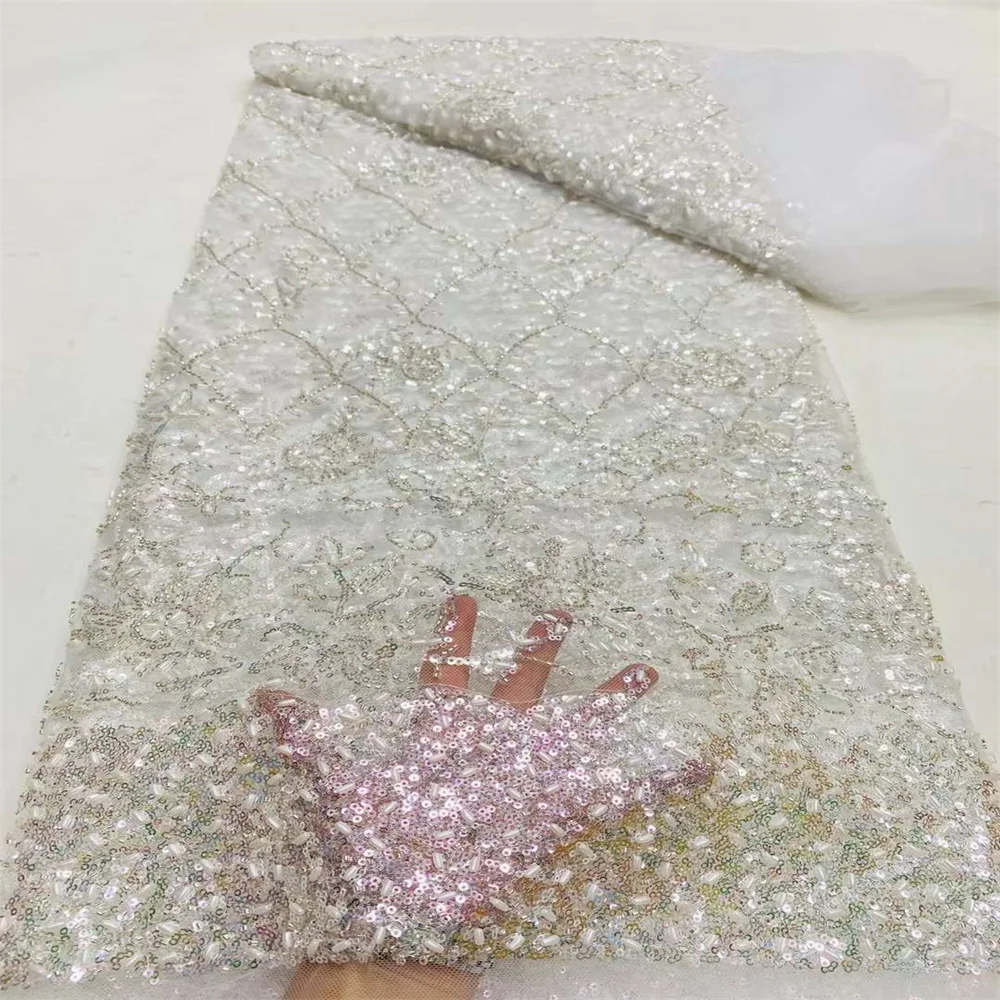 

2024 New Fashion French Embroidery High Quality Handmade Beaded Lace Fabric Sequins African Nigerian Fabric For Wedding Dress DP