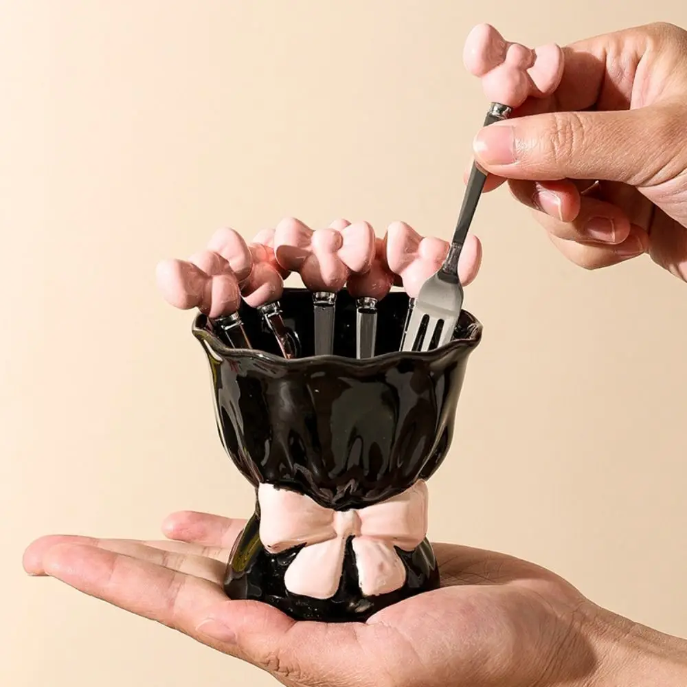 

Набор керамических вилок для фруктов с бантом, креативный дизайн в стиле Ins, керамические вилки для фруктов, банка для хранения, однотонные, удобная ручка