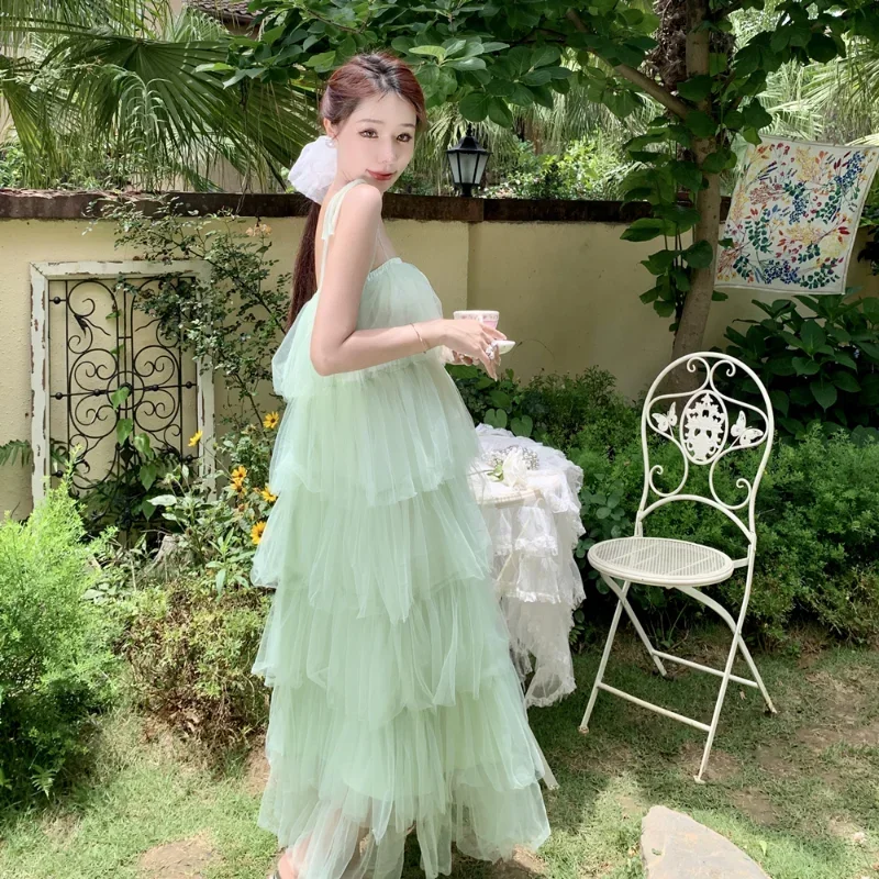 French Fairy Mint Green Mesh Layer Cake Dress Women Summer Romantic Straps Long Dress Sweet Vintage Sleeveless Ruffles Vestidos