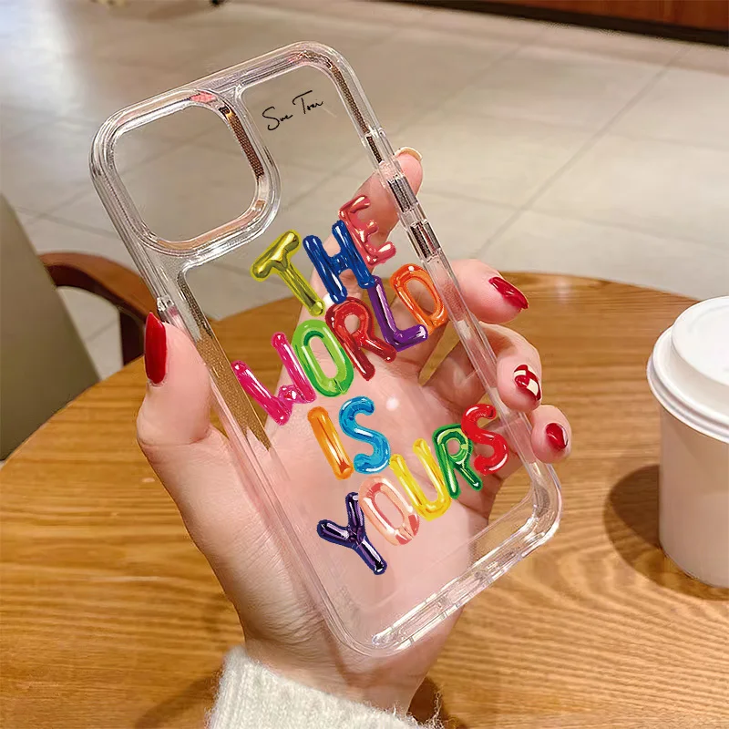 Ins THE WORLD IS YOURS Case For Iphone 11 12 13 14 15 Pro Max Clear Soft Border Funda 15 Plus X XR XS Acrylic Shockproof Cover