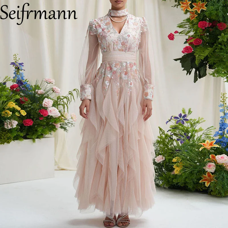 Seifrmann Mode Damen Kleid Stehkragen Mesh Langarm Vintage Stickerei Volants Rand Spleißen Hohe Taille Kleider