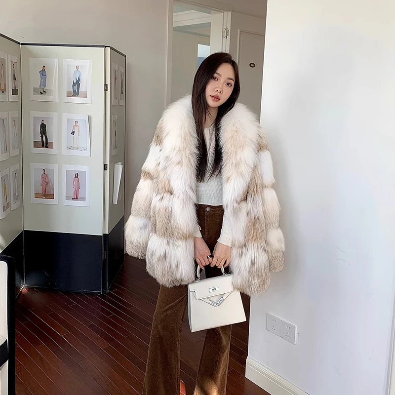 Ftangaiur New Winter Import White Lynx Cat Bobcats Turn-Down Collar LYNX Natural Fur Coats Women Medium Real LYNX Fur Coats