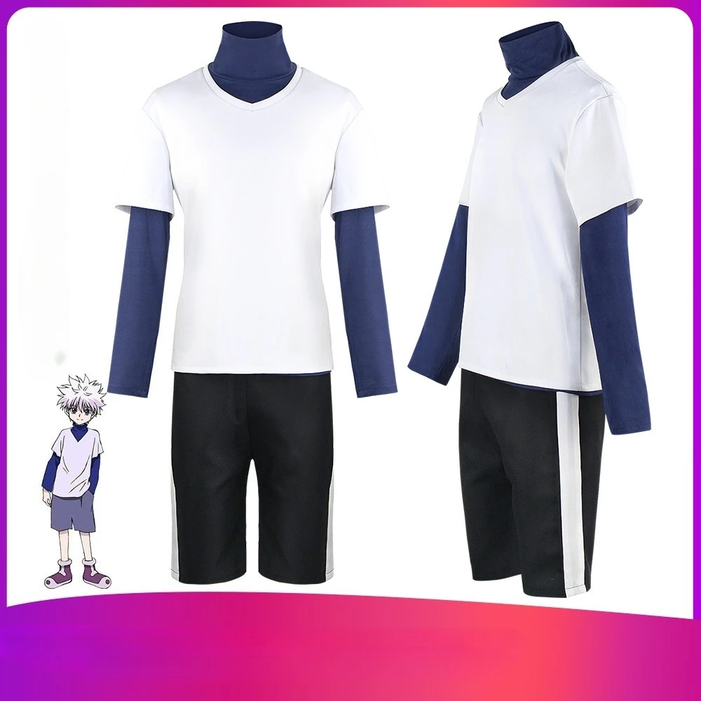 

HUNTER×HUNTER Killua Zoldyck COSPLAY Costume Gender-neutral Role-play Outfit with White T-shirt and Dark Blue Undersh
