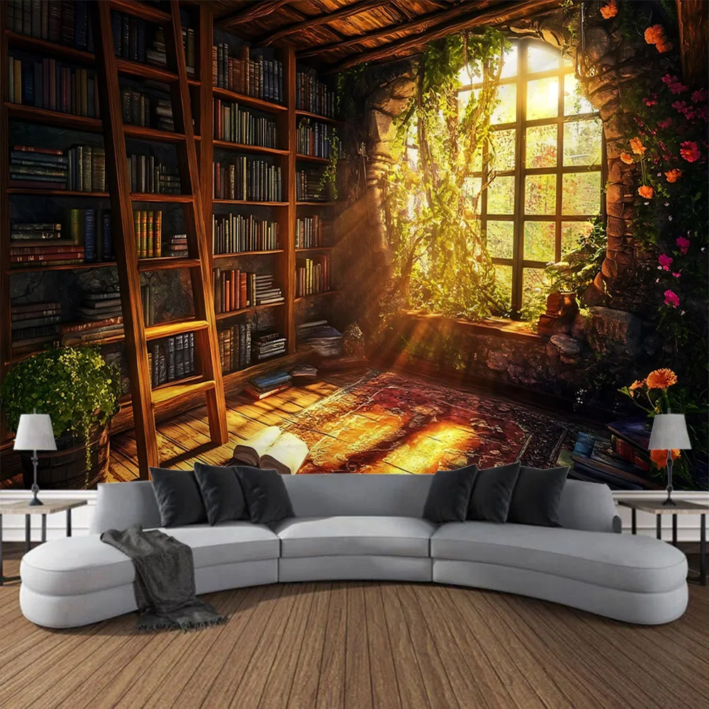 Vintage bookshelf tapestry dreamy window library wall hanging, aesthetic art decoration, home living room bedroom background