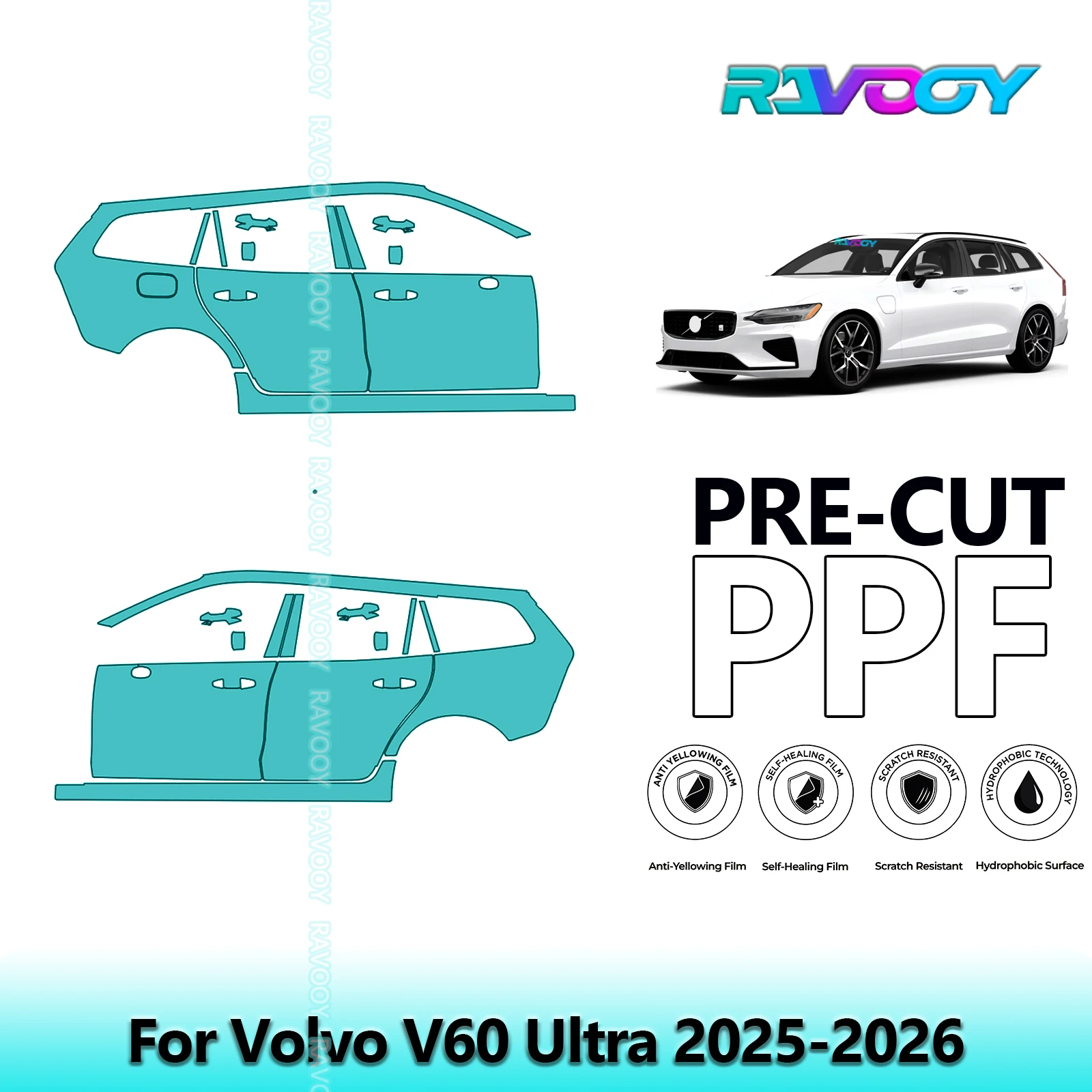 

For Volvo V60 Ultra 2025-2026 8.5mil Clear Matte Pre-Cut PPF Door & A/B Pillar Kit TPU Paint Protection Film Set