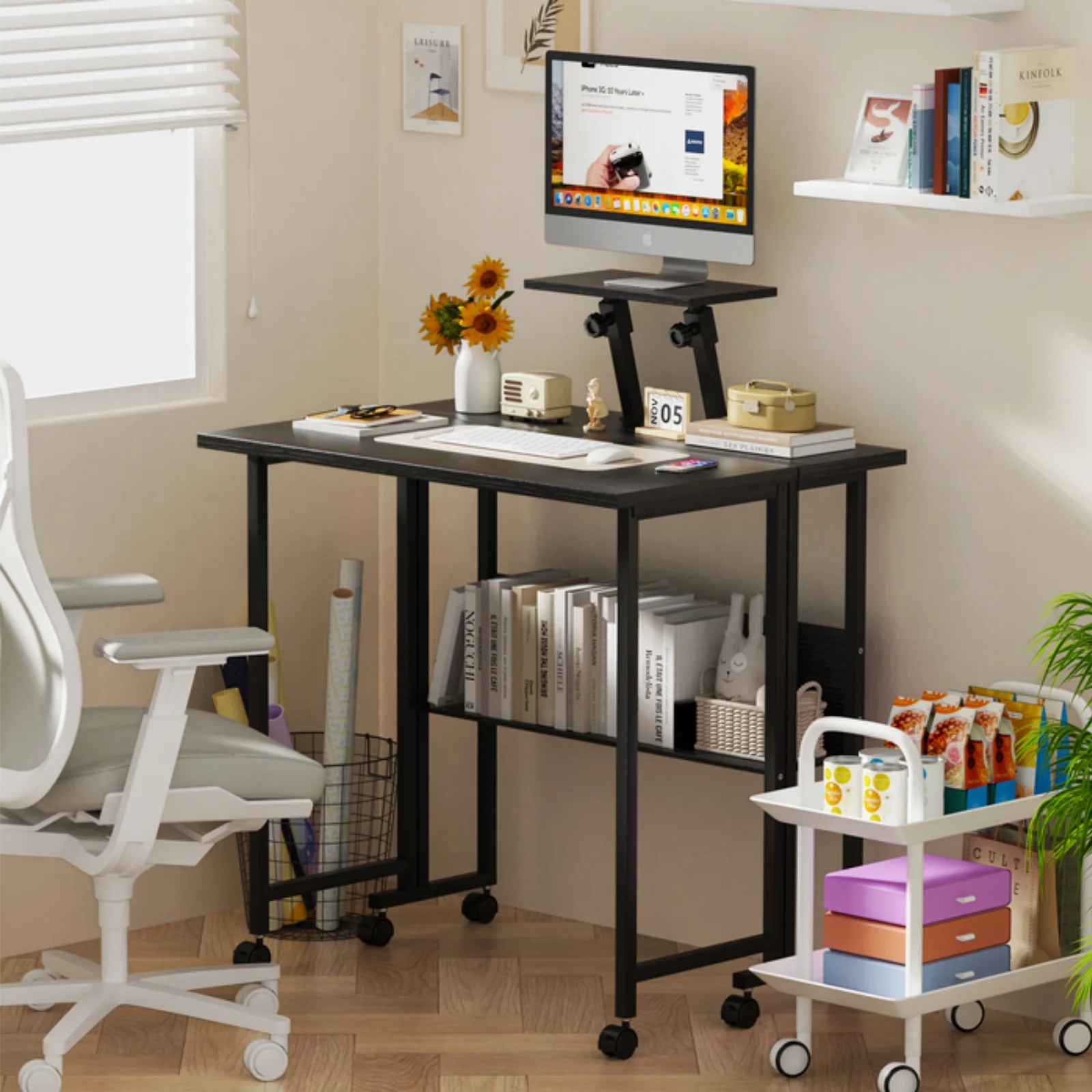 Petit bureau pliant portable avec roulettes, bureau pliant 58×80×75 cm avec rangement, bureaux d'ordinateur pour petits espaces et postes de travail