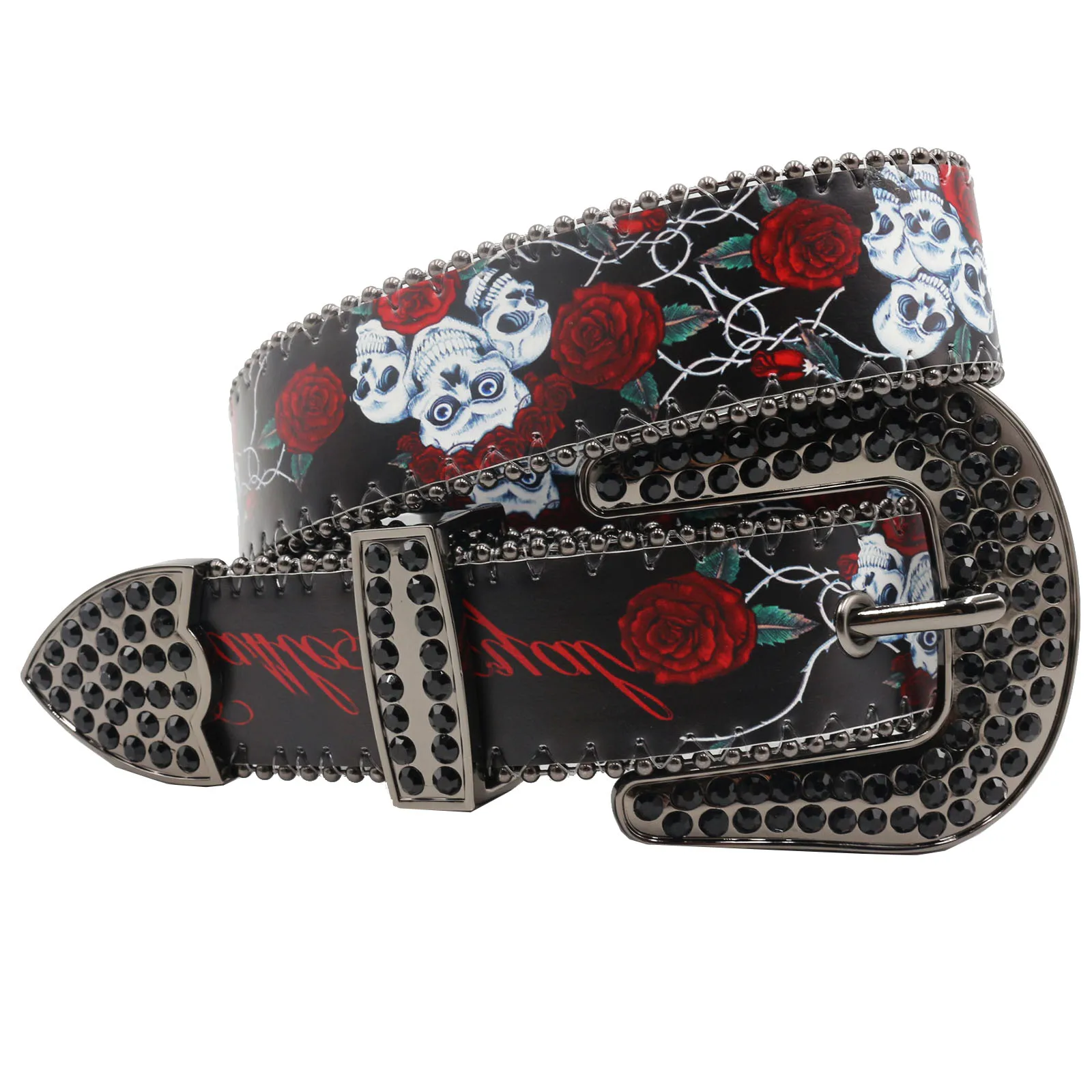 Nice Brand Three Skull Flower printing Rhinestone Belt For Men Women, Western Hip-hop Punk Style Belt For Jeans
