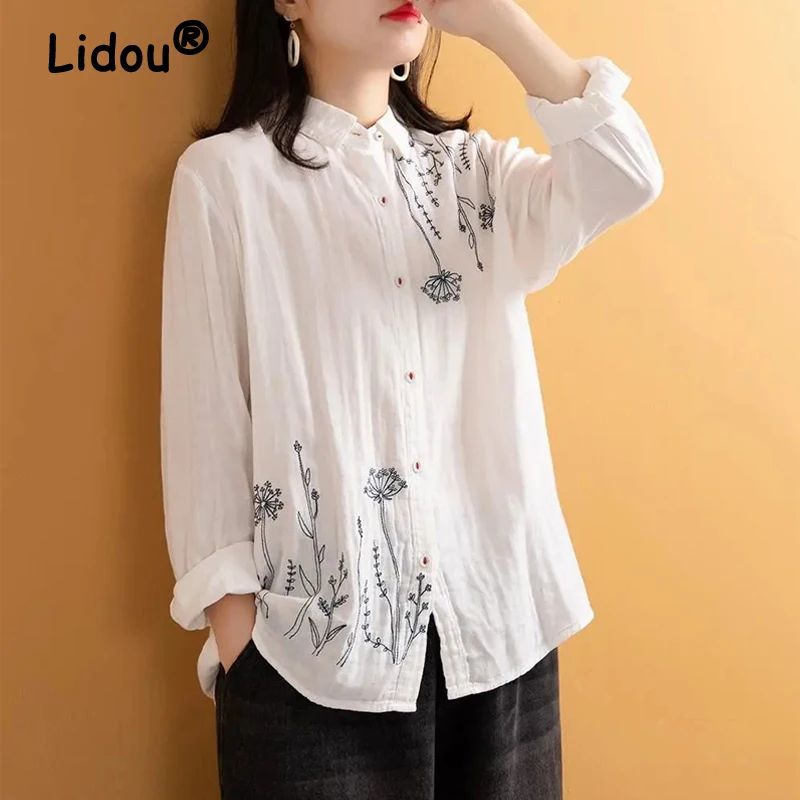 Vintage Embroidery White Simple Cotton Button Up Shirt Comfortable Casual Long Sleeve Loose Tops Blouses for Women Clothing 2023