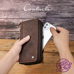 Bolsos de mano de cuero genuino de CONTACT'S para hombre, bolsos largos Vintage con cremallera, monederos, tarjeteros, billeteras con Clip para dinero para hombre