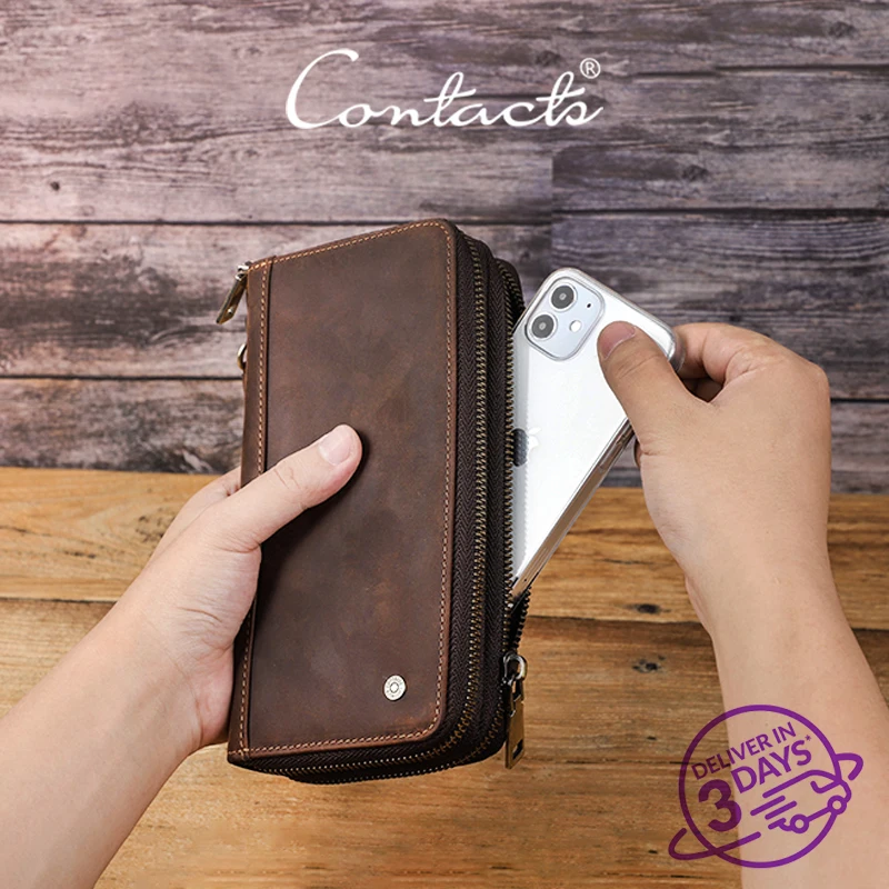 CONTACT'S Genuine Leather Clutch Bags for Men Vintage Business Senior Handbags Purses Card Holders Travel Office Gift Wallets