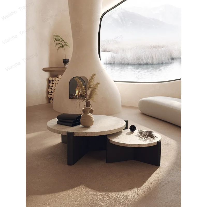 Wabi Sand Wind Natural Travertine Coffee Table Living Room Household Small Apartment Homestay Light Luxury Advanced Sense