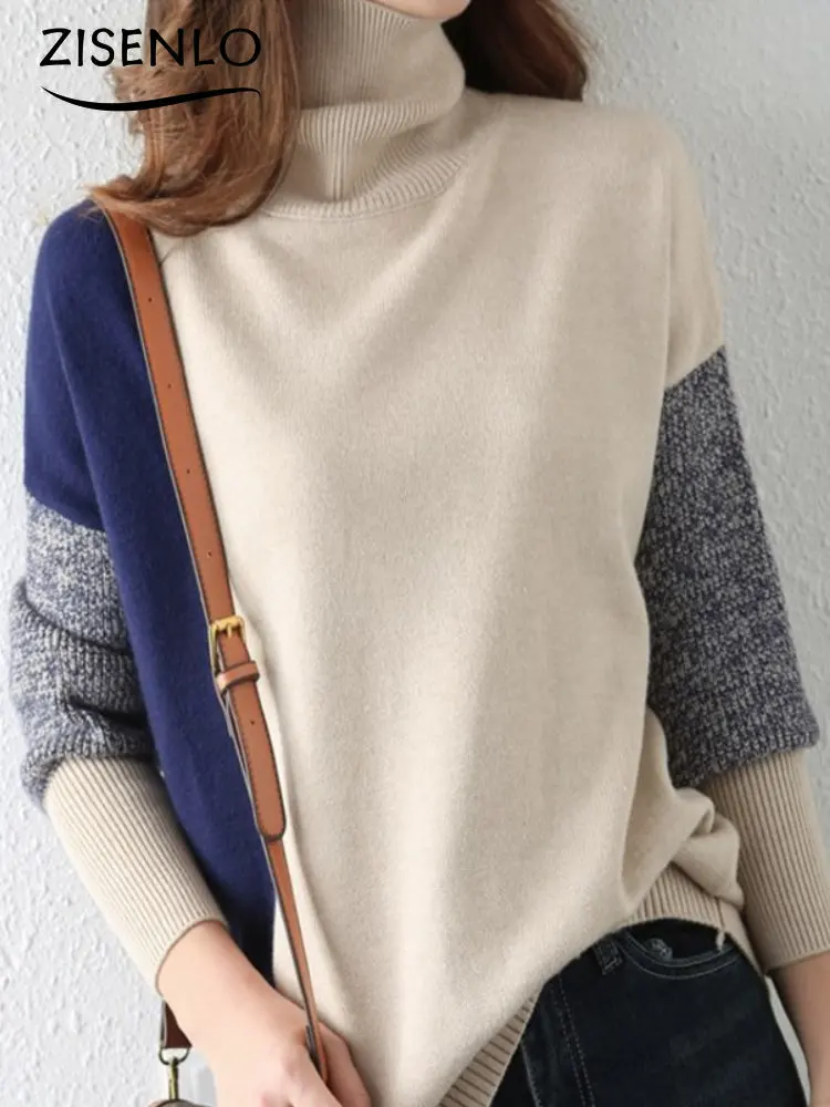 New Autumn Winter Casual Sweater Turtleneck Contrast Color Loose Sweater Oversized Sweater Pullover Korean Fashion