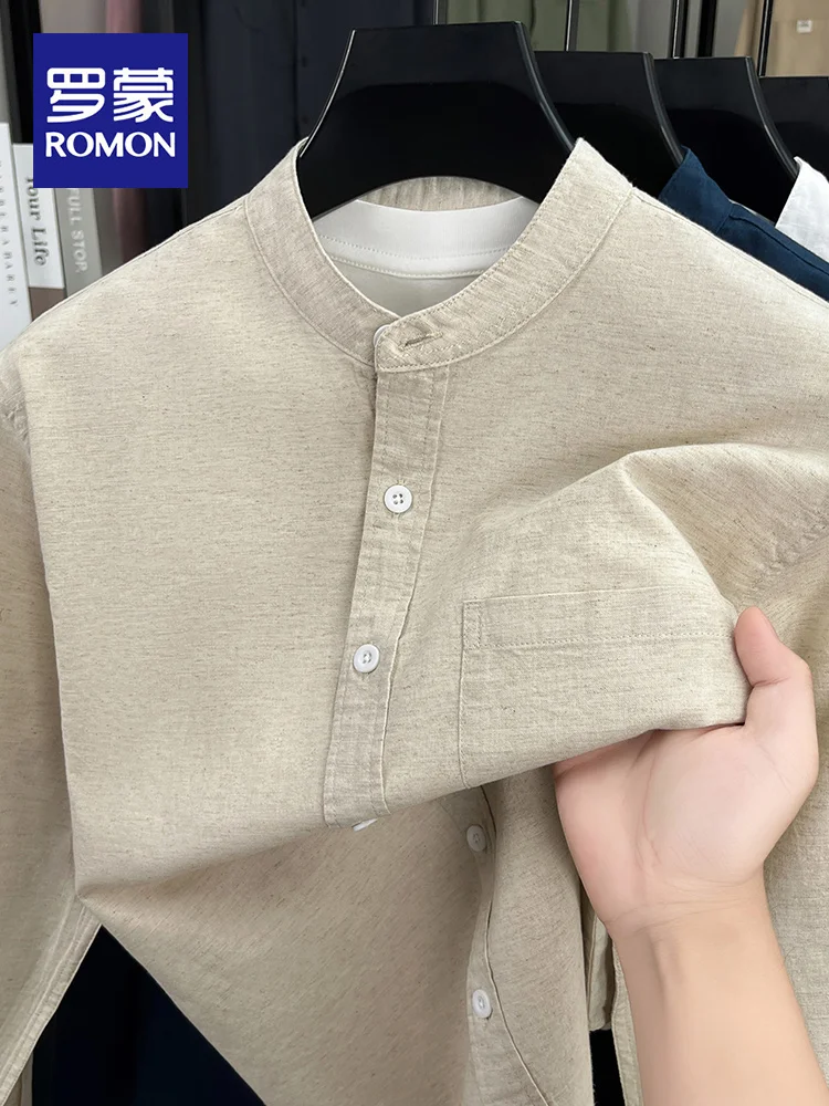 

Lormen Men's Casual Long Sve Cotton Linen irt Stand Collar Retro Pure Color Faion Spring Autumn Korean Version M