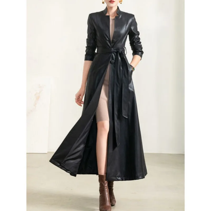 Luxury Spring Autumn Long Black Soft Faux Leather Coat Women Belt Waterproof Slim Trench Coat Long Sleeve Jacket Trendy Design