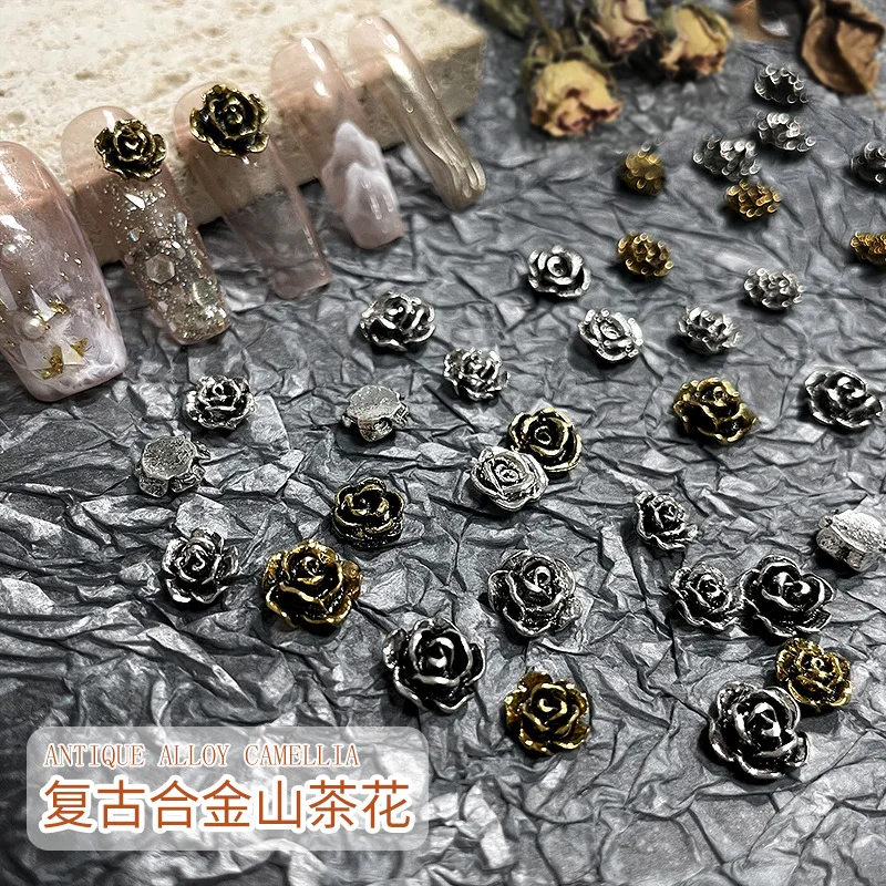 20pcs/Bag Nail Art Retro Alloy Camellia Rose Metal Texture Jewelry Dark Punk Style Flower Nail Charms Decorations Bulk Supply