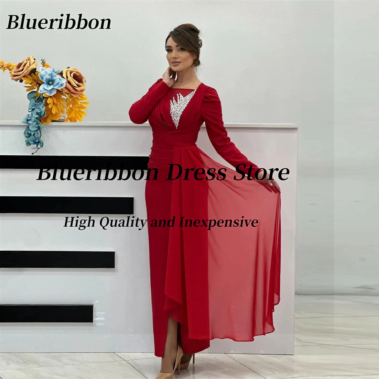 

Blueribbon Пром платья из бисера с длинными рукавами Вечерние платья с разрезом по бокам длиной до щиколотки платье вечернее по индивидуальному заказу