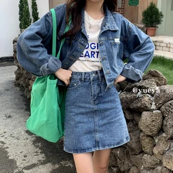 Women Denim Jacket Skirt Sets Korean Fashion Short Jean Jackets High Waist Skirt Spring Summer Casual Outfits