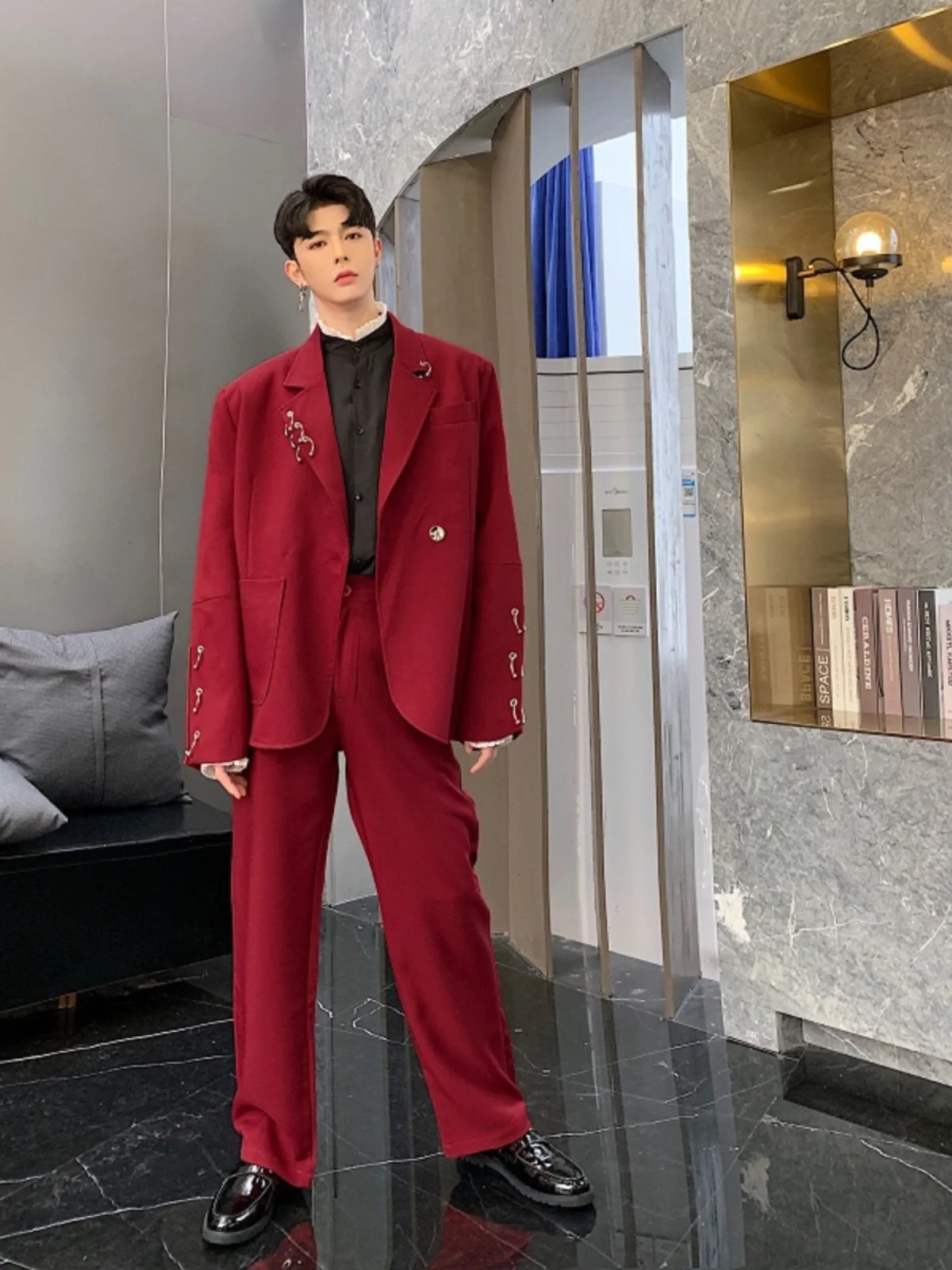 

Casual Wine Red Men's Wide Leg Pants Straight Cut Bar Leisure Trousers Vintage Sli Hairdrer Long Pants Spring Autumn