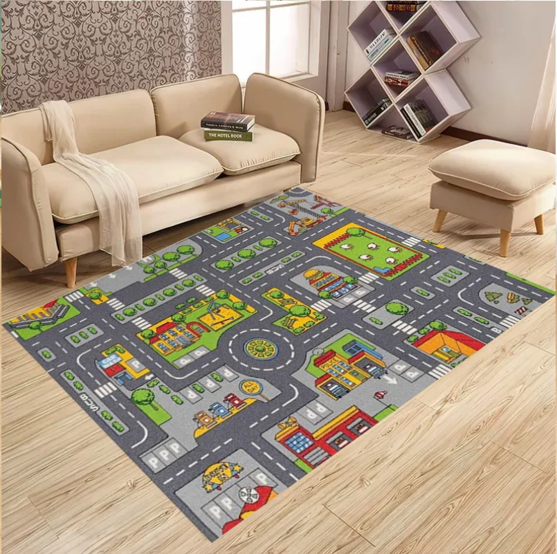 City Map Play Rug for Kids Room Colorful Town Road Track Carpet Toy Cars Interactive Playroom Floor Mat Nursery Toddler Bedroom