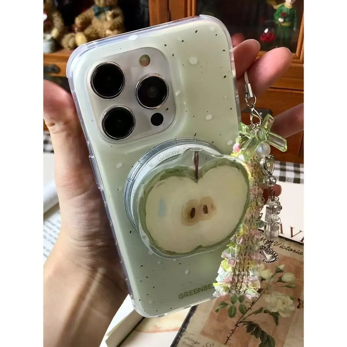 Green Apple Slice Magnetic Phone Grip Holder Universal Foldable Airbag Stand Bracket Finger Socket Watercolor Fruit Cell Decor