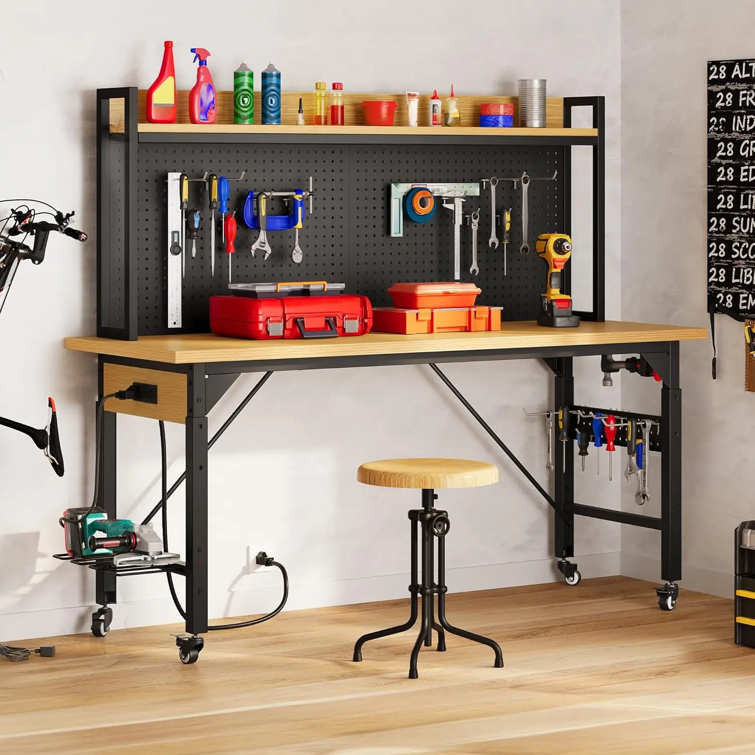 60" Adjustable Workbench with Pegboard, Heavy Duty Wood Top Work Bench with Wheels, 1600 LBS Load Capacity, Rolling Work Table