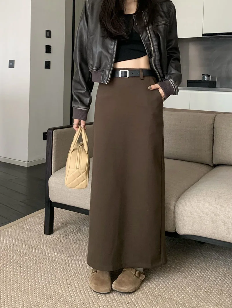 High Quality Woolen Maxi Skirts Female Elegant Chic High Waist Loose A-Line Skirts Women Vintage Streetwear Split Long Skirt