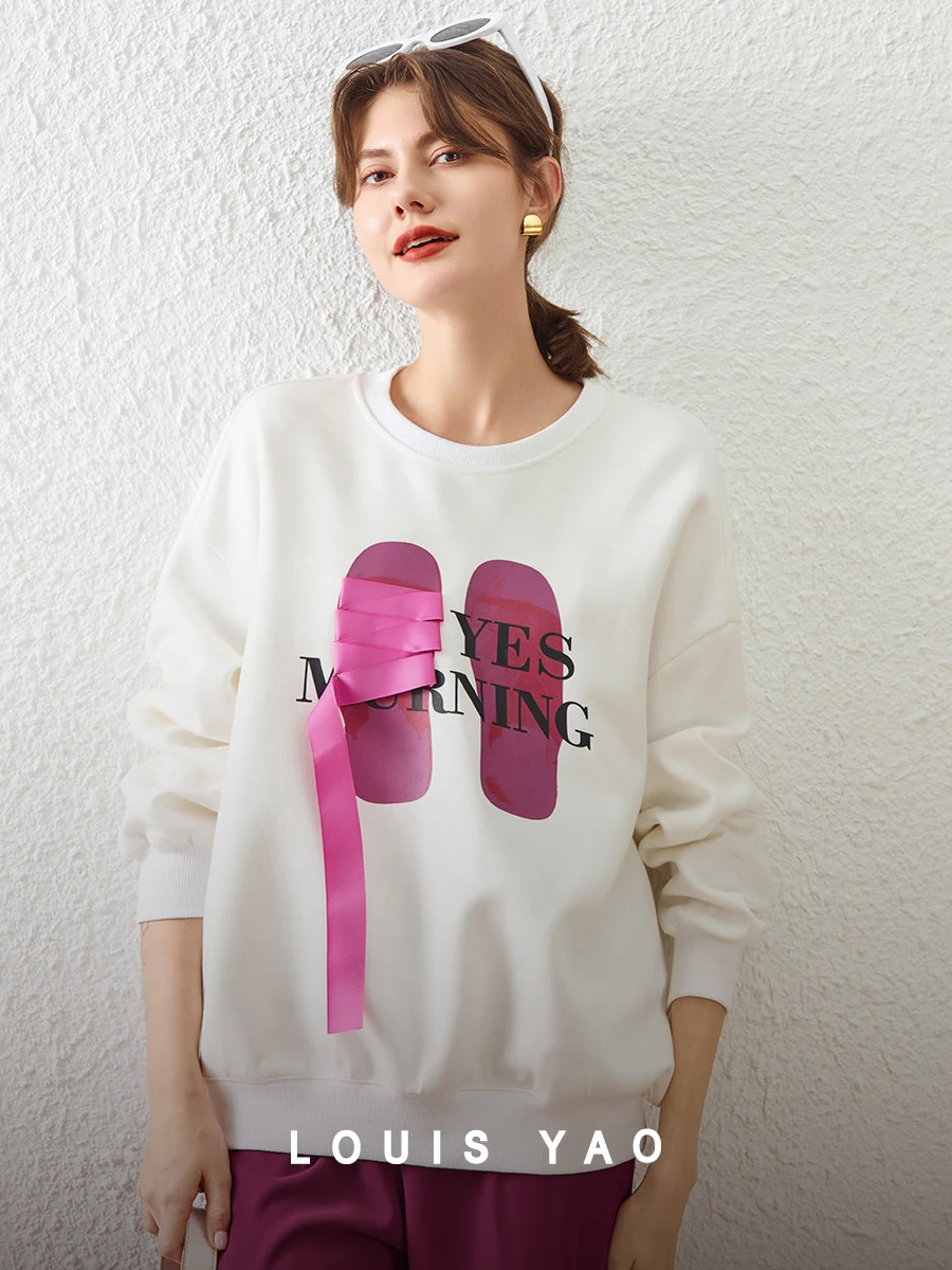 LOUIS YAO Women Sweatshirt 2024 Spring Sweatshirt Pullover Loose Round Neck Long Sleeve Print Letter Webbing Casual Women\'s Top